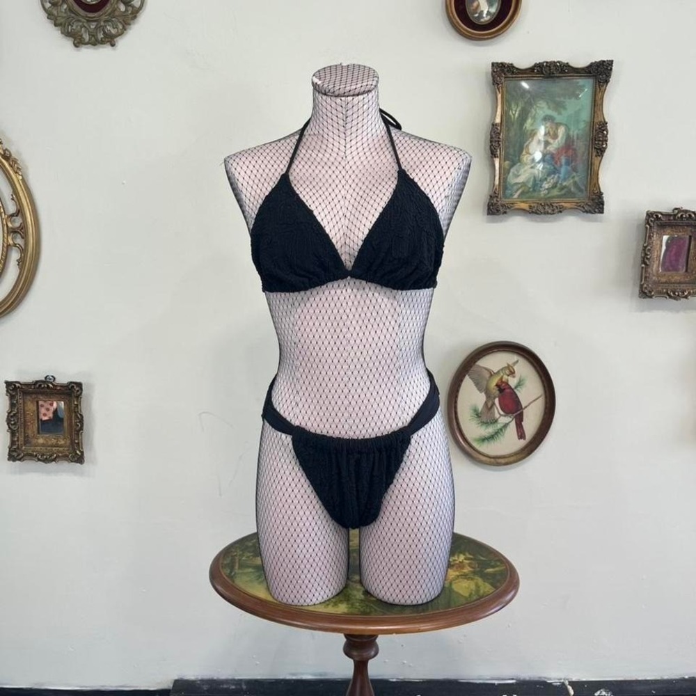 Vintage Black Textured Triangle Bikini Set High Cut Cheeky Swimsuit Size XS/S